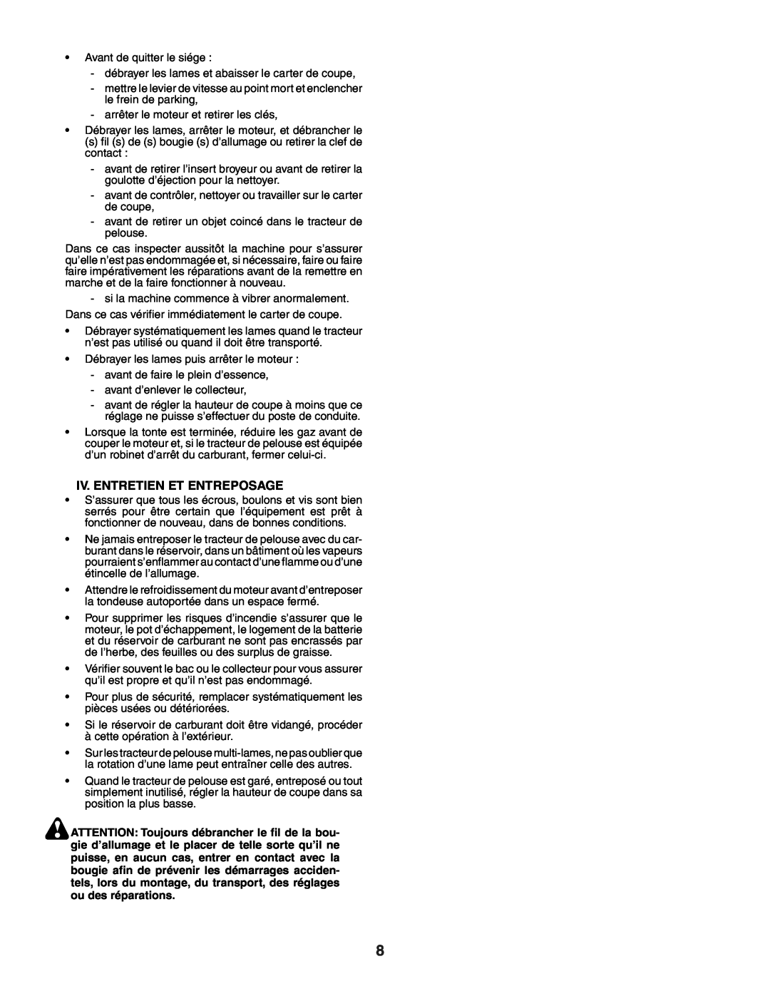 Husqvarna YTH151 instruction manual Iv. Entretien Et Entreposage 