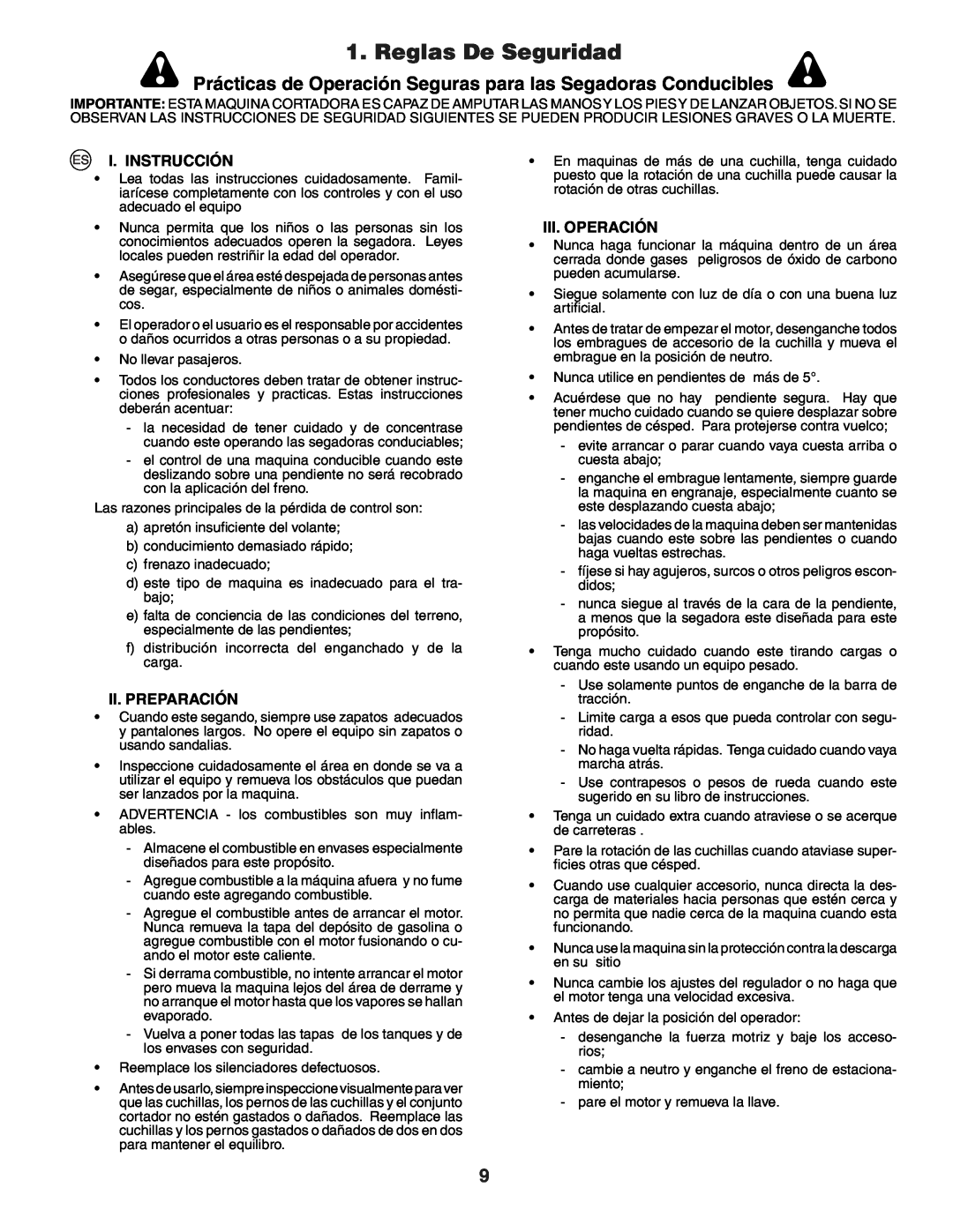 Husqvarna YTH151 Reglas De Seguridad, Prácticas de Operación Seguras para las Segadoras Conducibles, I. Instrucción 