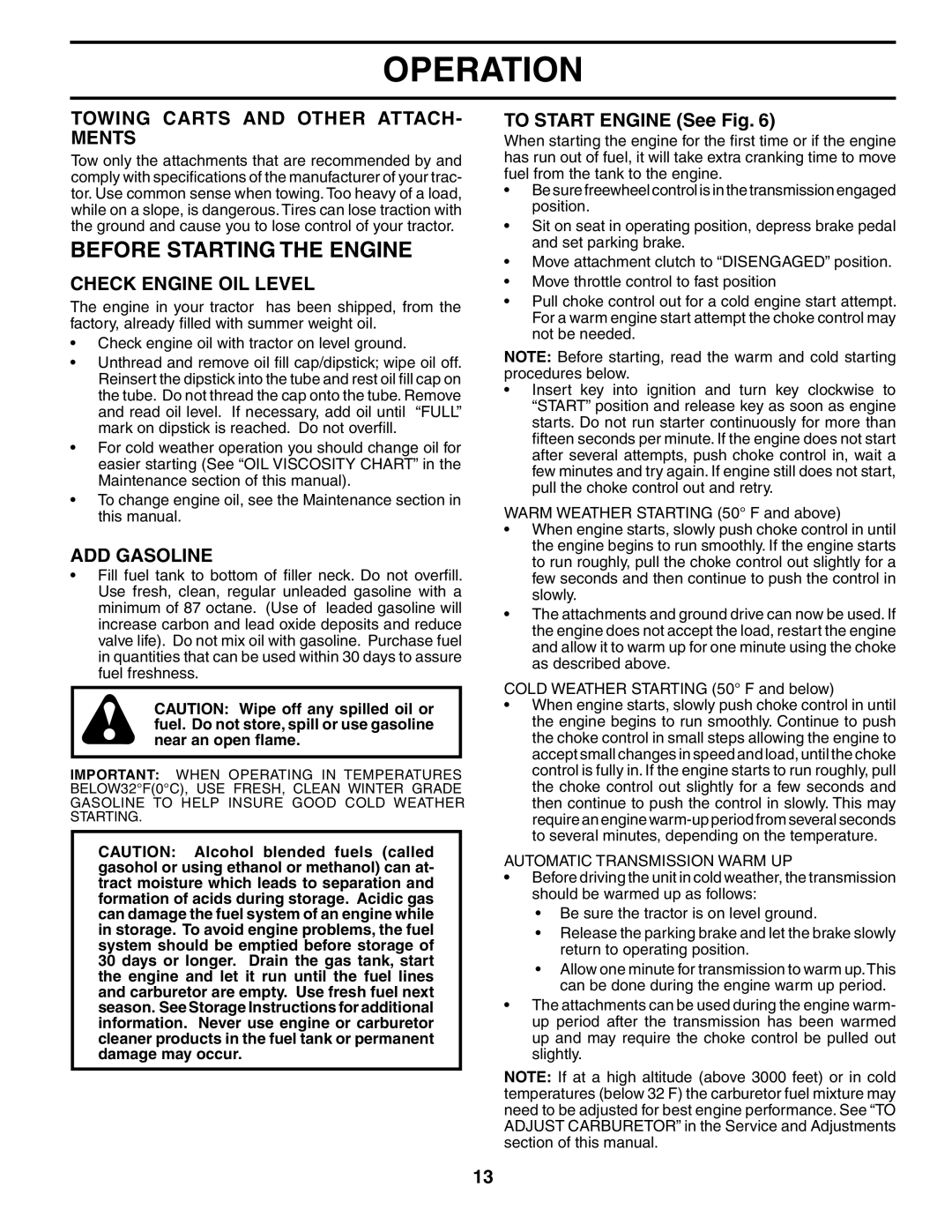 Husqvarna YTH1542XP Before Starting the Engine, Towing Carts and Other ATTACH- Ments, Check Engine OIL Level, ADD Gasoline 