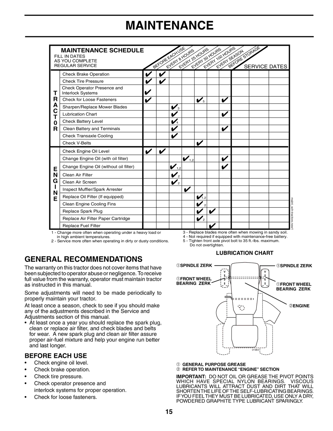 Husqvarna YTH1542XP owner manual Maintenance, General Recommendations, Before Each USE, Service Dates 