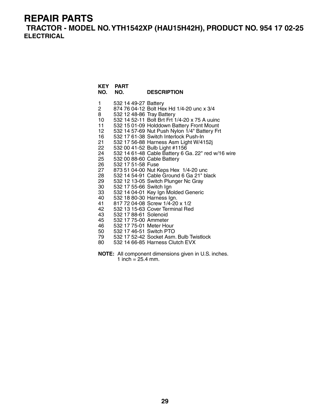 Husqvarna YTH1542XP owner manual KEY Part NO. NO. Description 