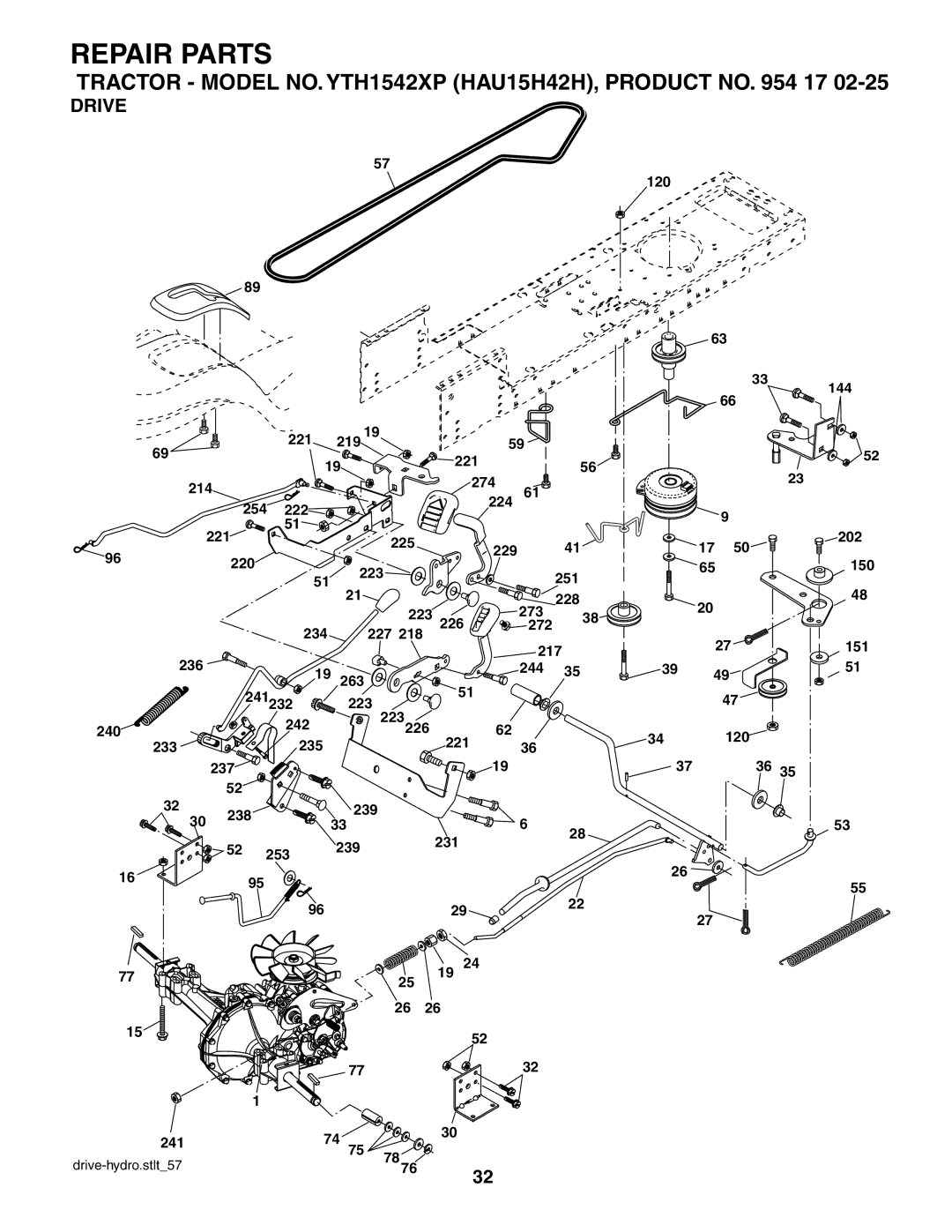 Husqvarna owner manual Tractor Model NO. YTH1542XP HAU15H42H, Product no 17, Drive 