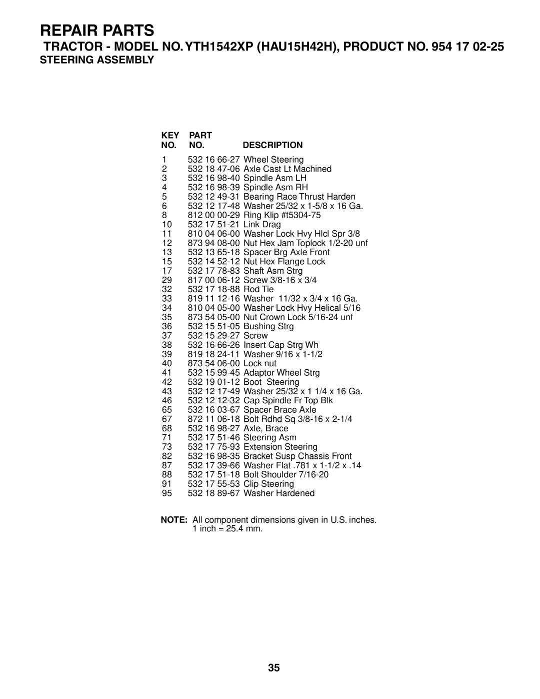 Husqvarna YTH1542XP owner manual KEY Part NO. NO. Description 