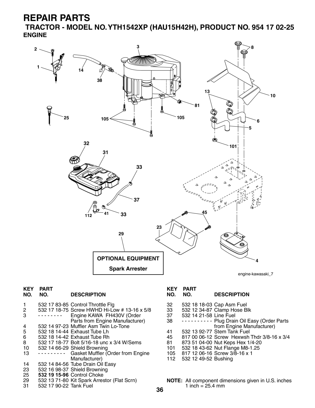 Husqvarna YTH1542XP owner manual Engine, Optional Equipment 