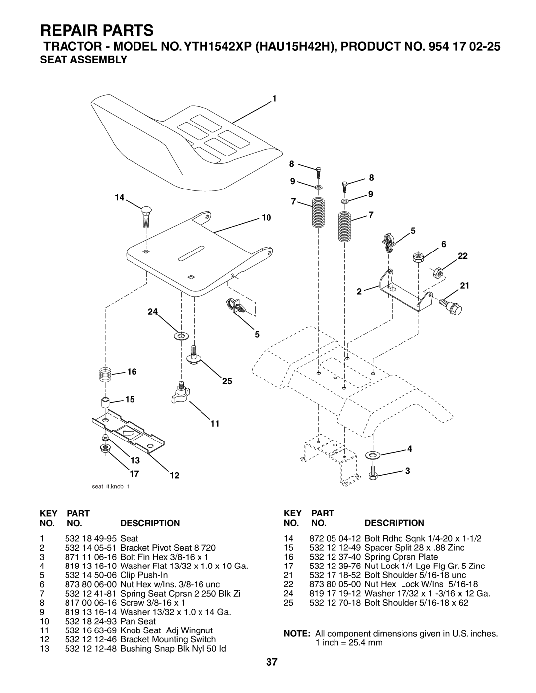 Husqvarna YTH1542XP owner manual Seat Assembly 