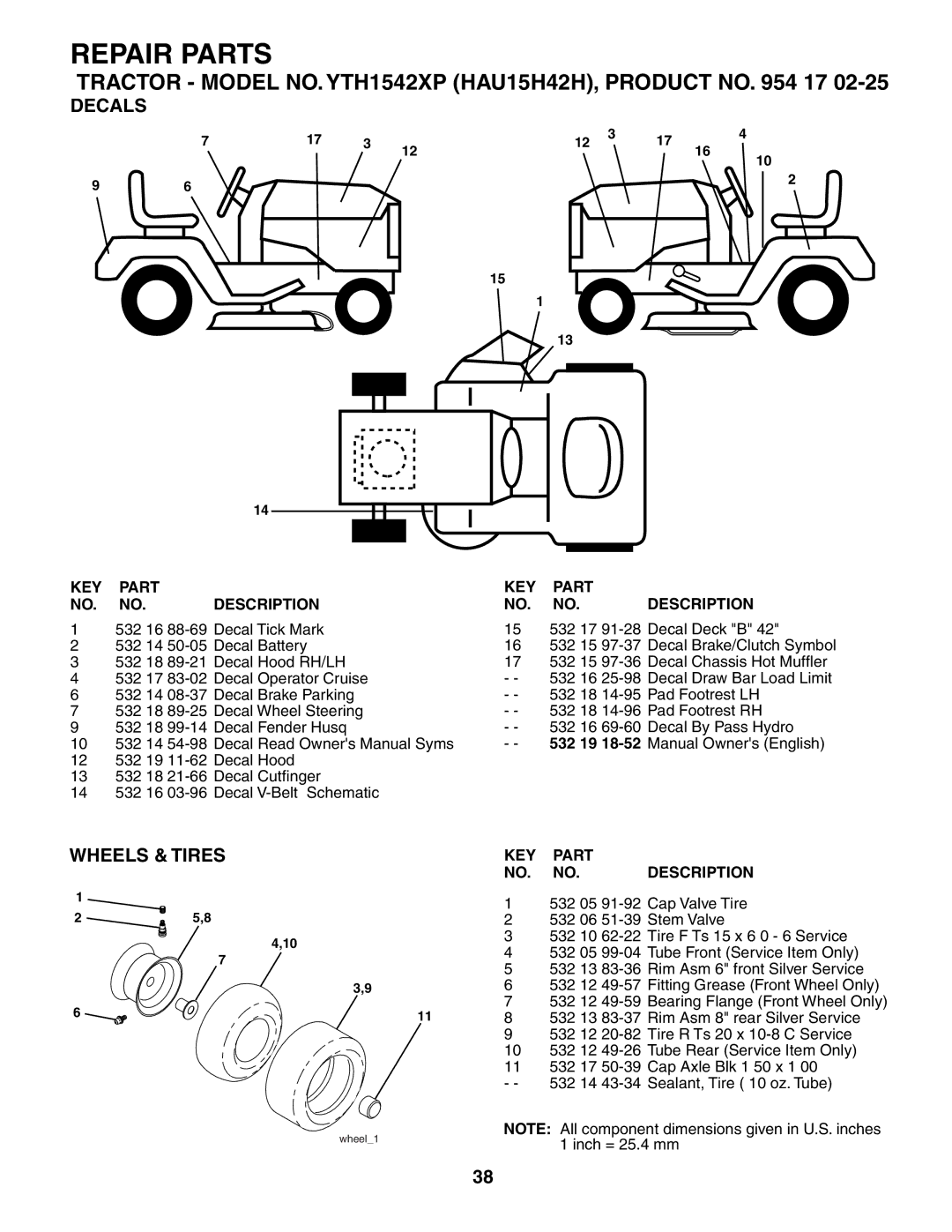 Husqvarna YTH1542XP owner manual Decals, Wheels & Tires 