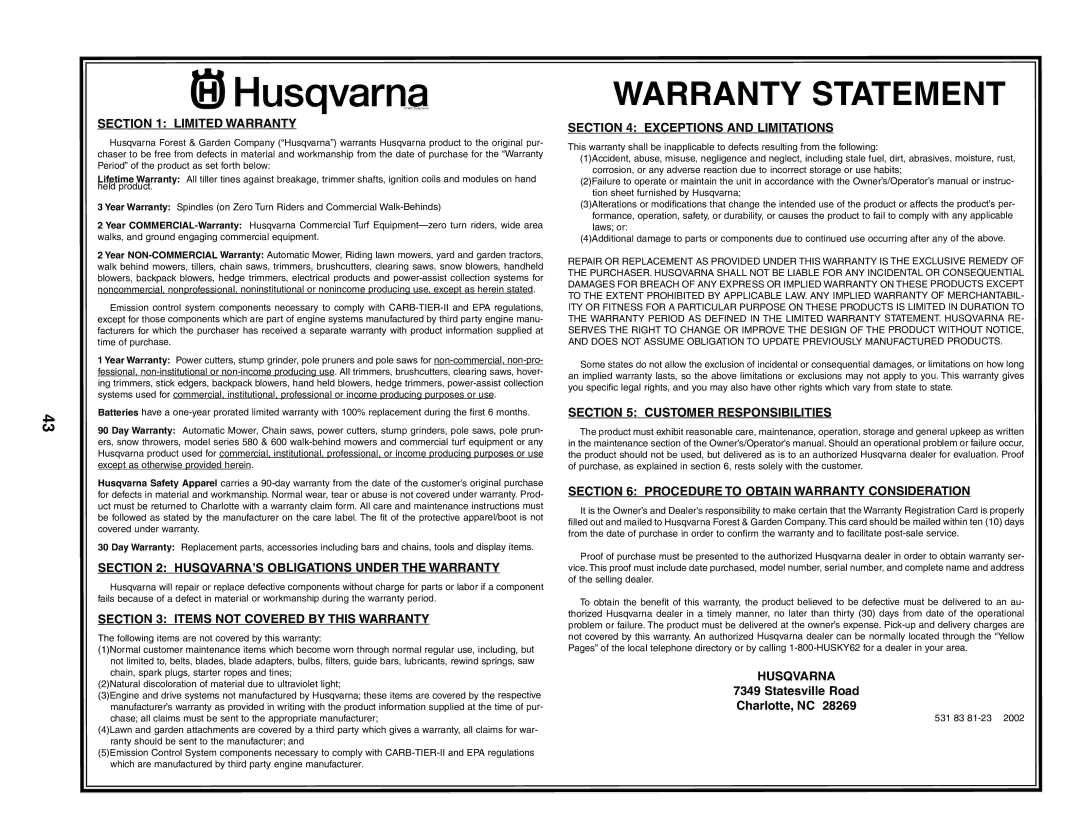 Husqvarna YTH1542XP owner manual Warranty Statement 