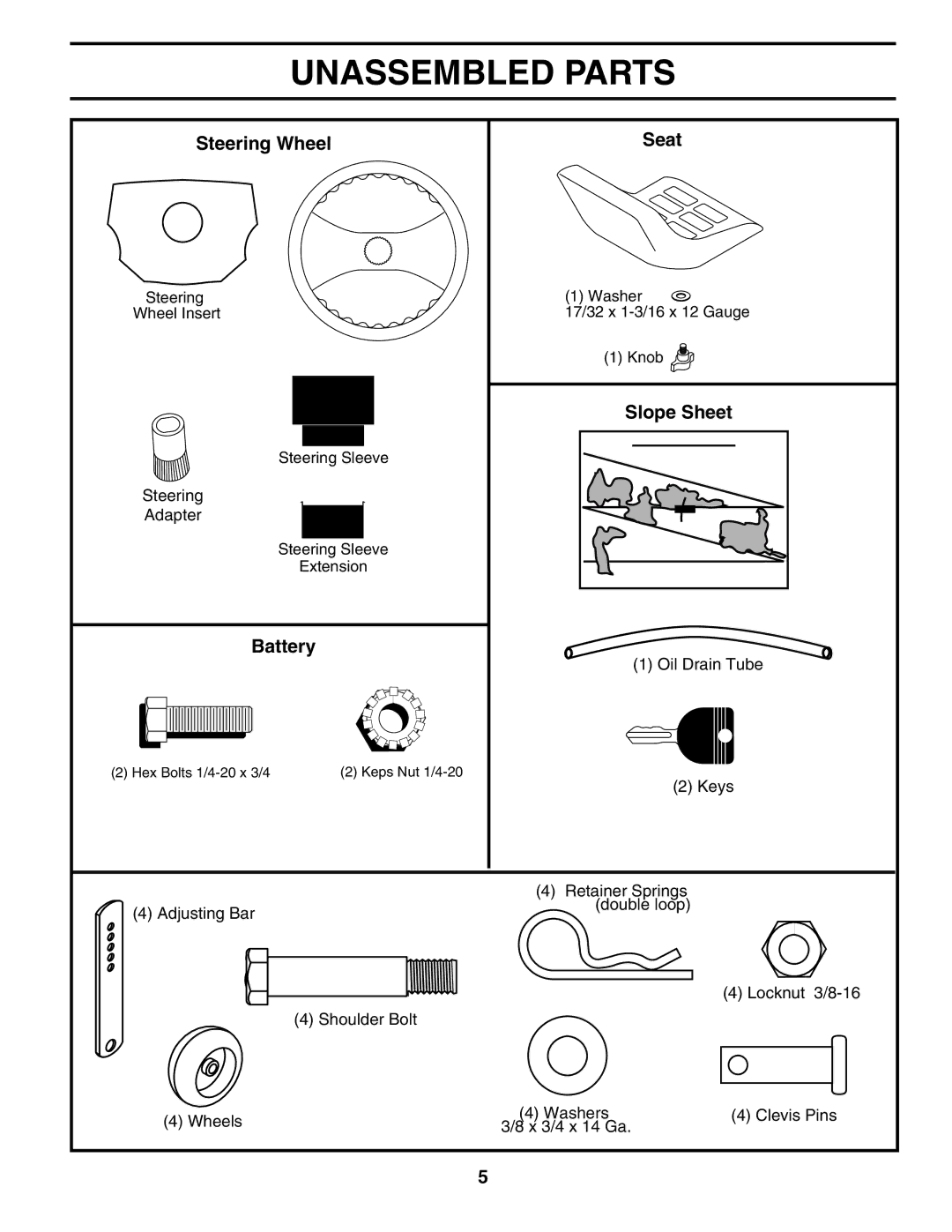 Husqvarna YTH1542XP owner manual Unassembled Parts, Steering Wheel Seat, Slope Sheet, Battery 