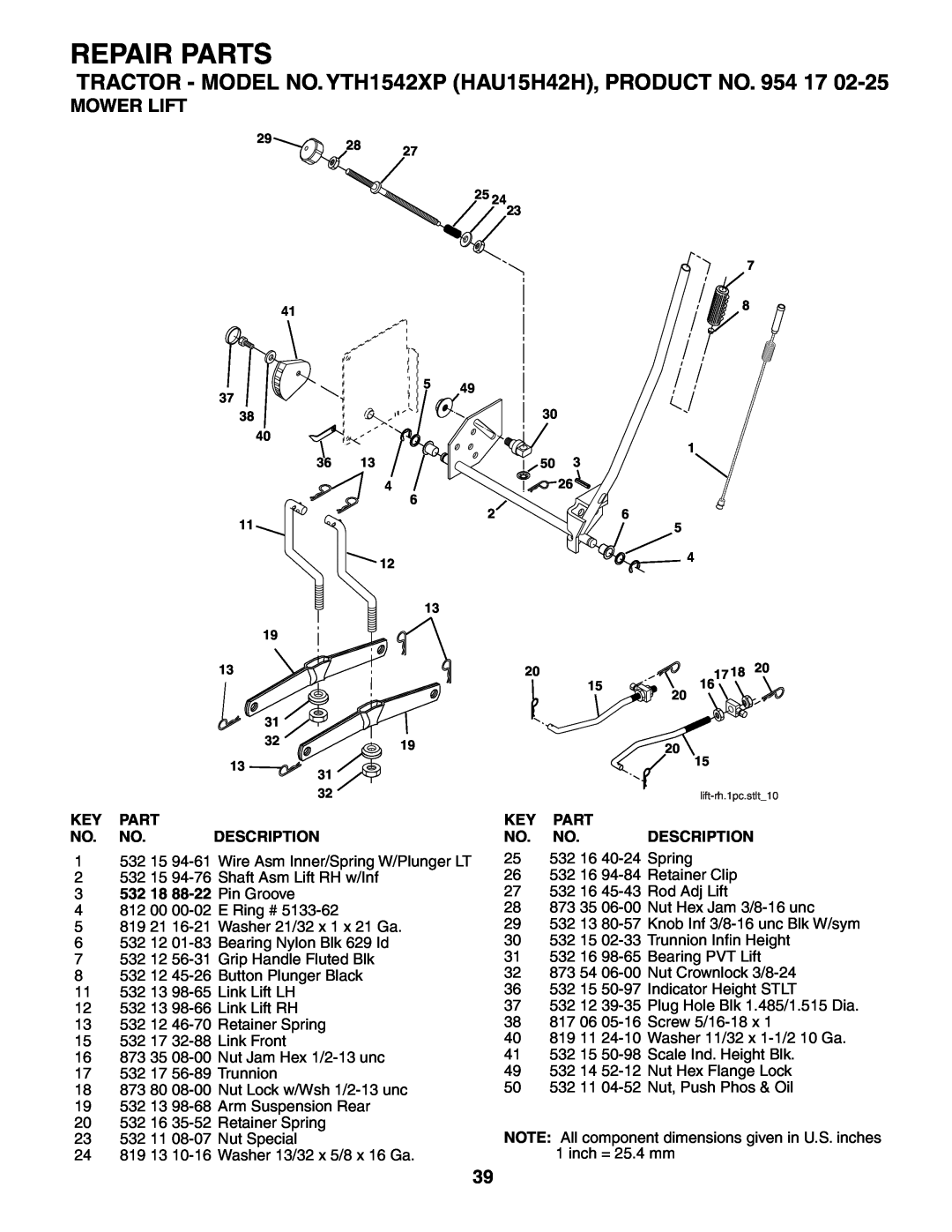 Husqvarna YTH1542XP owner manual Mower Lift, Repair Parts, Key Part No. No. Description, 3532 18 88-22 Pin Groove 