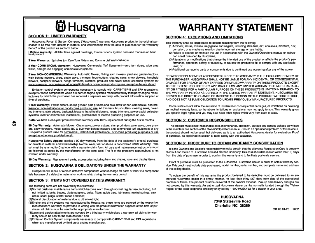Husqvarna YTH1542XP Warranty Statement, Items Not Covered By This Warranty, Exceptions And Limitations, Husqvarna 