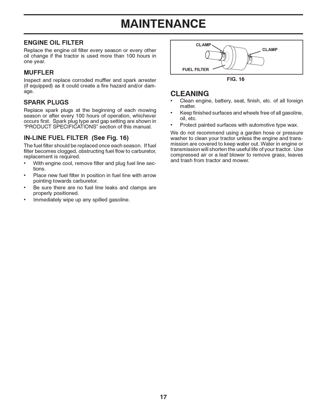 Husqvarna YTH1542XPT owner manual Cleaning, Engine OIL Filter, Muffler, Spark Plugs, IN-LINE Fuel Filter See Fig 