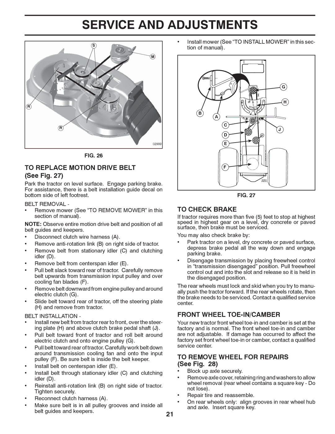 Husqvarna YTH1542XPT owner manual To Replace Motion Drive Belt See Fig, To Check Brake, Front Wheel TOE-IN/CAMBER 