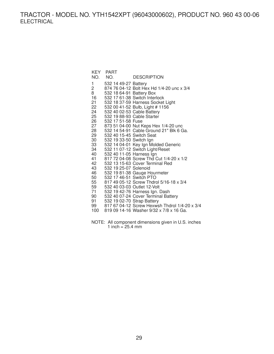 Husqvarna YTH1542XPT owner manual KEY Part NO. NO. Description 