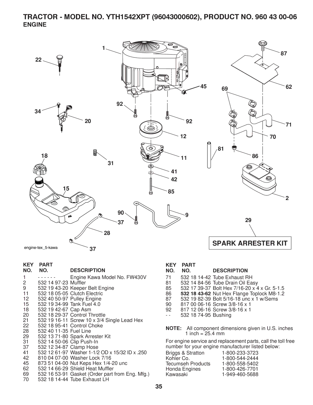 Husqvarna YTH1542XPT owner manual Spark Arrester KIT, Engine 