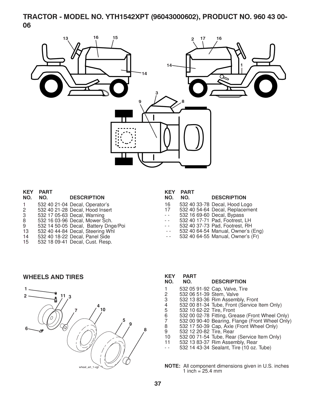 Husqvarna owner manual Tractor Model NO. YTH1542XPT 96043000602, Product no 43 00, Wheels and Tires 