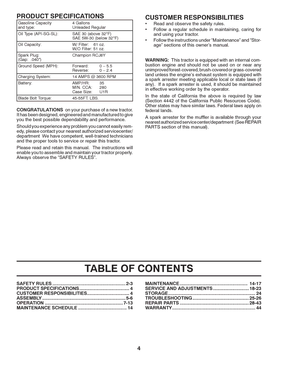 Husqvarna YTH1542XPT owner manual Table of Contents 