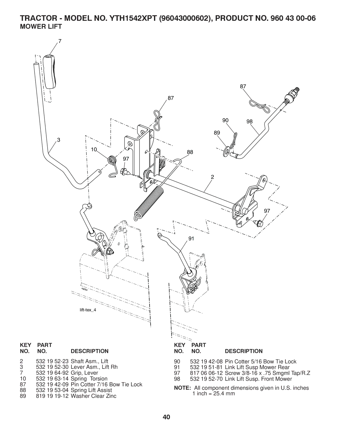 Husqvarna YTH1542XPT owner manual Mower Lift 