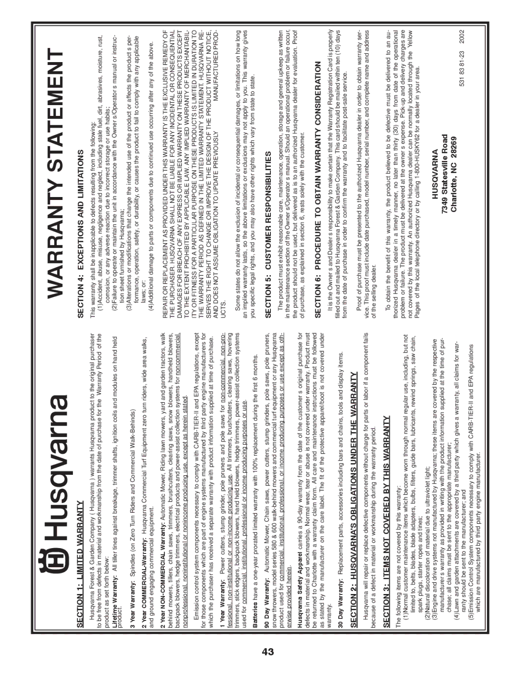 Husqvarna YTH1542XPT owner manual Warranty Statement 