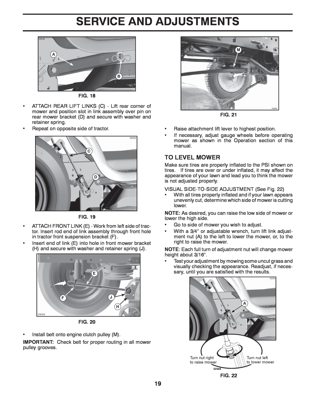 Husqvarna YTH1542XPT owner manual To Level Mower, Service And Adjustments, Turn nut right, Turn nut left, to raise mower 