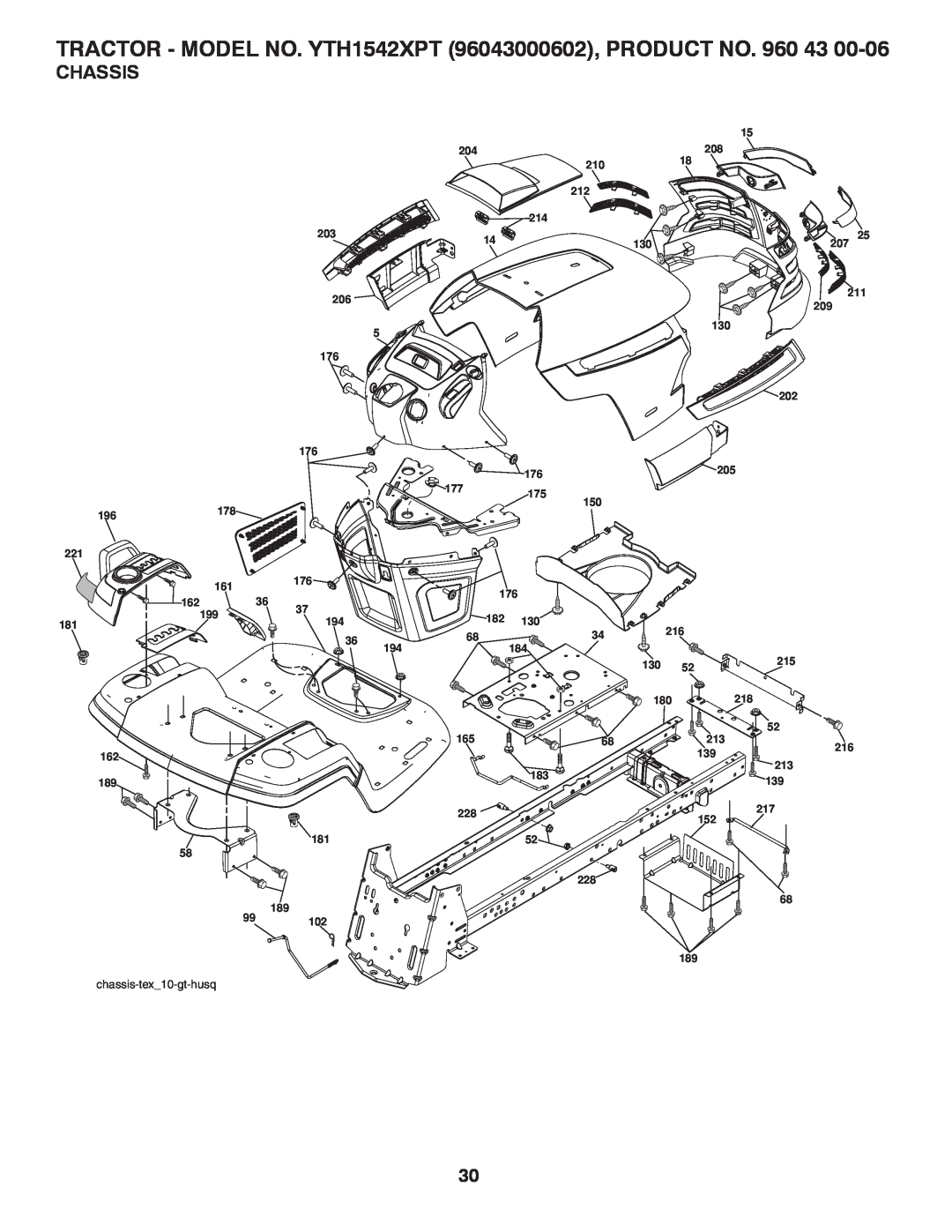 Husqvarna owner manual Chassis, TRACTOR - MODEL NO. YTH1542XPT 96043000602, PRODUCT NO. 960 43, chassis-tex10-gt-husq 