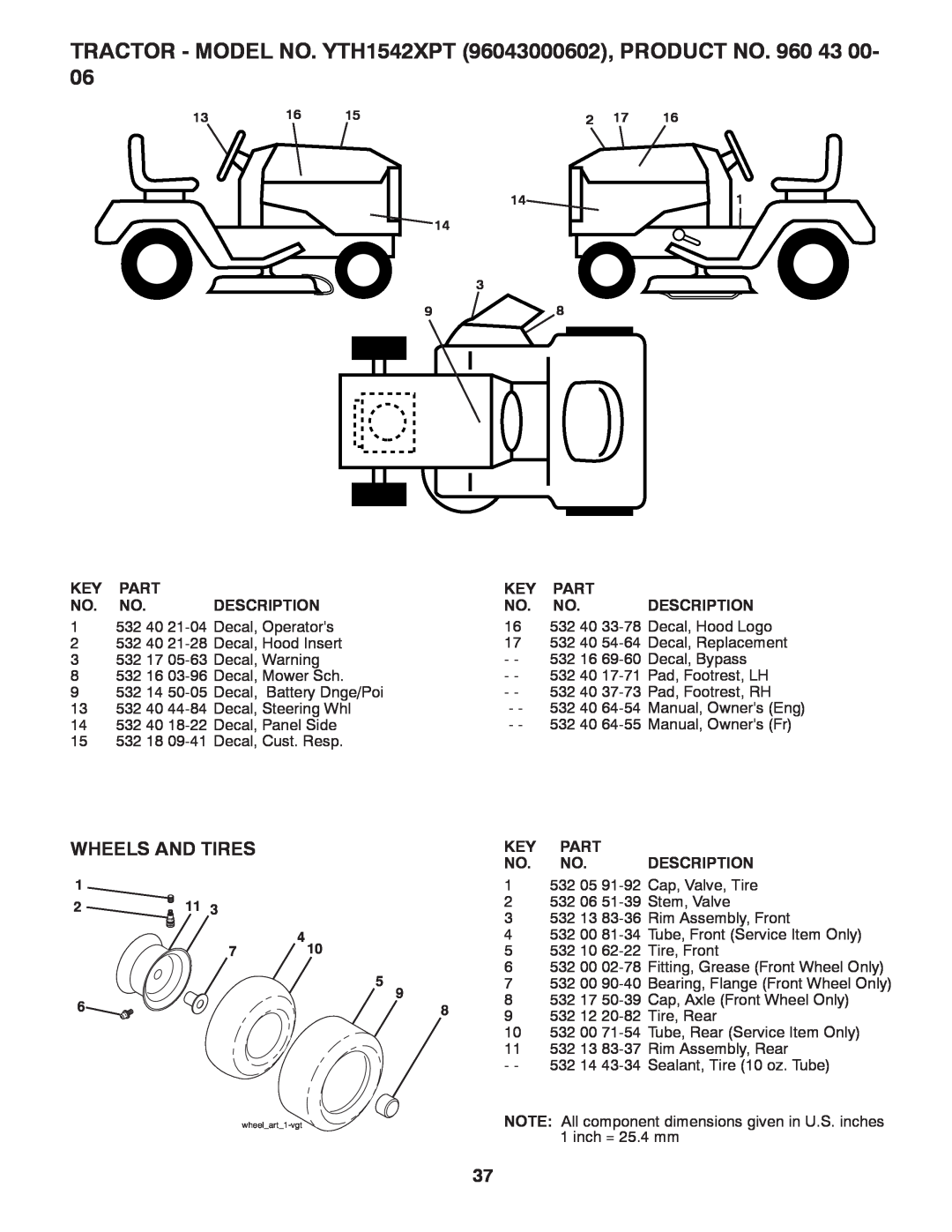 Husqvarna TRACTOR - MODEL NO. YTH1542XPT 96043000602, PRODUCT NO. 960 43 00, Wheels And Tires, Part, Description 
