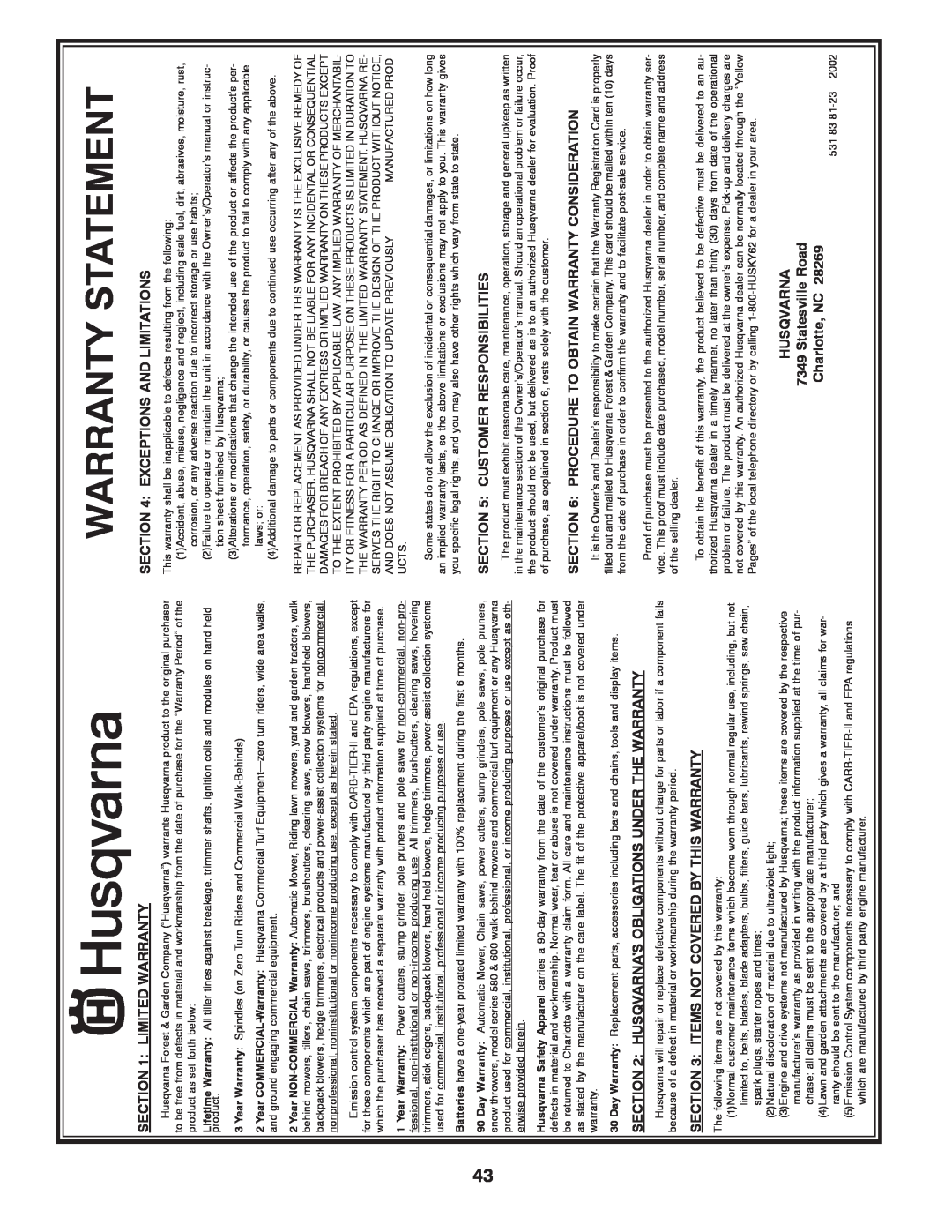 Husqvarna YTH1542XPT owner manual Warranty Statement, Limited Warranty, Husqvarna’S Obligations Under The Warranty 