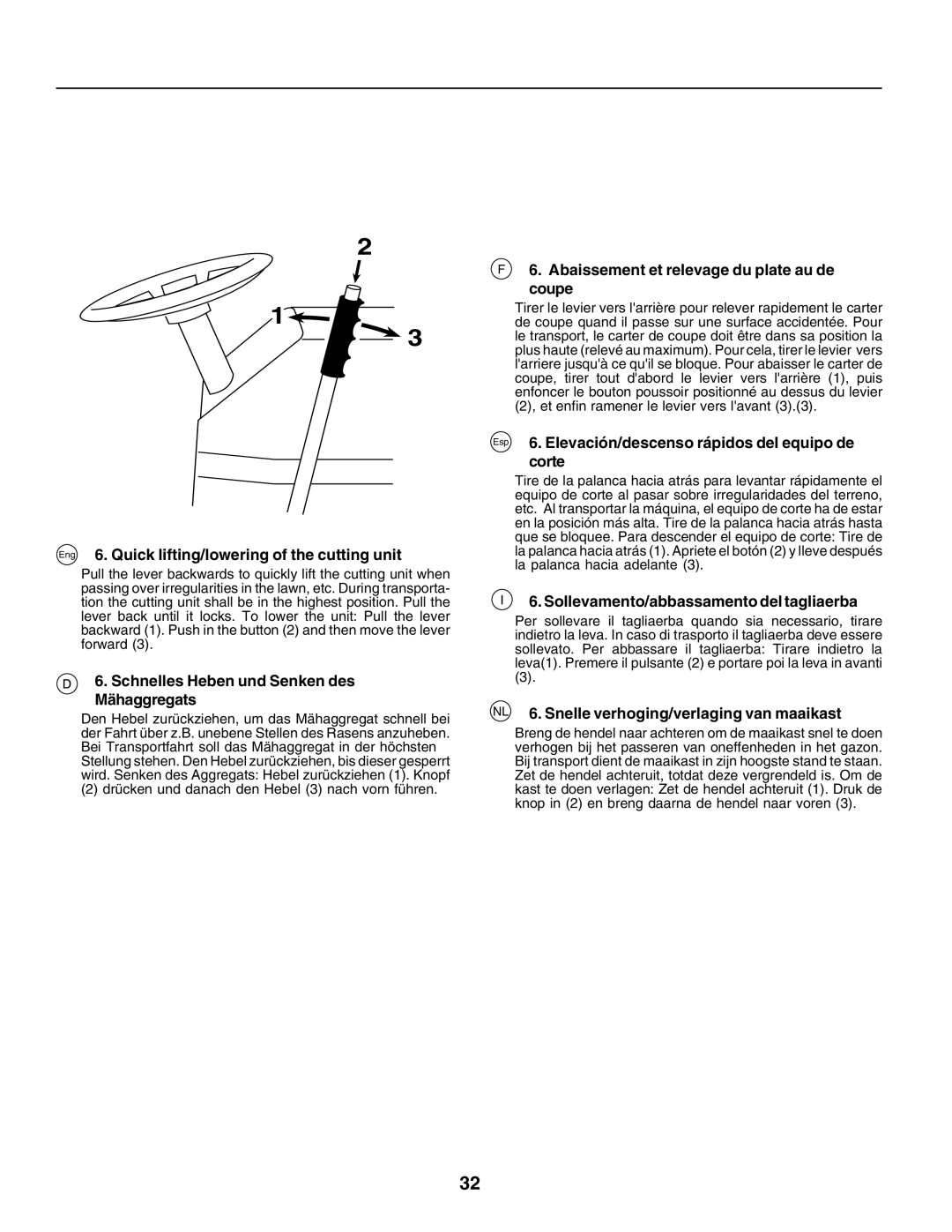 Husqvarna YTH155 Eng 6. Quick lifting/lowering of the cutting unit, Schnelles Heben und Senken des Mähaggregats 