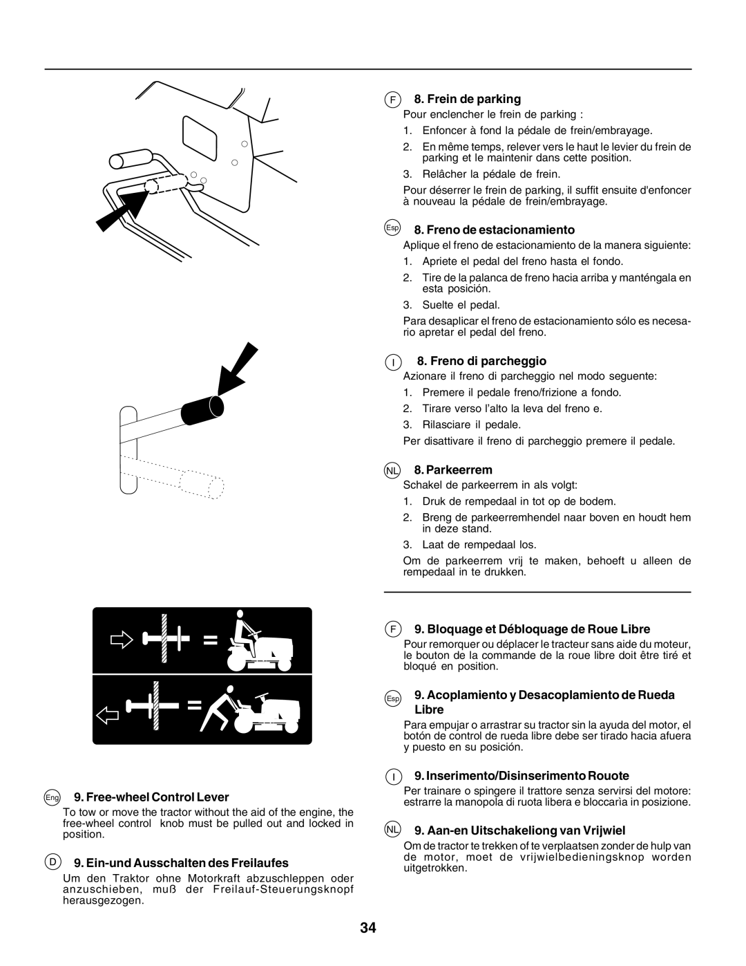 Husqvarna YTH155 instruction manual Frein de parking, Freno de estacionamiento, Freno di parcheggio, NL 8. Parkeerrem 