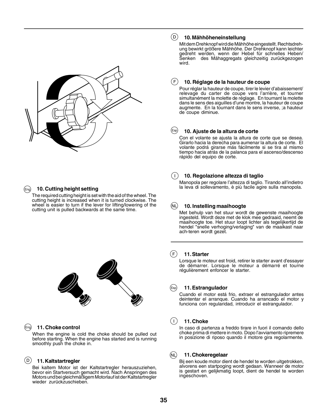 Husqvarna YTH155 Eng 10. Cutting height setting, Eng 11. Choke control, Kaltstartregler, 10. Mähhöheneinstellung, Starter 