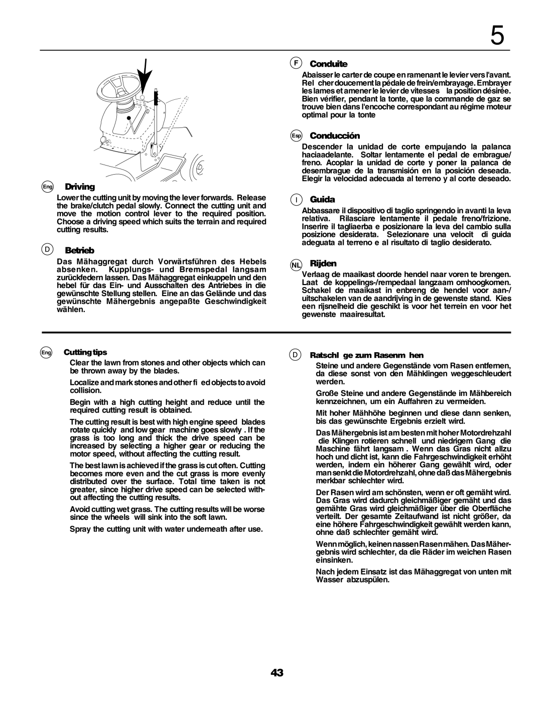 Husqvarna YTH155 instruction manual Eng Driving, Betrieb Conduite, Esp Conducción, Guida, NL Rijden 