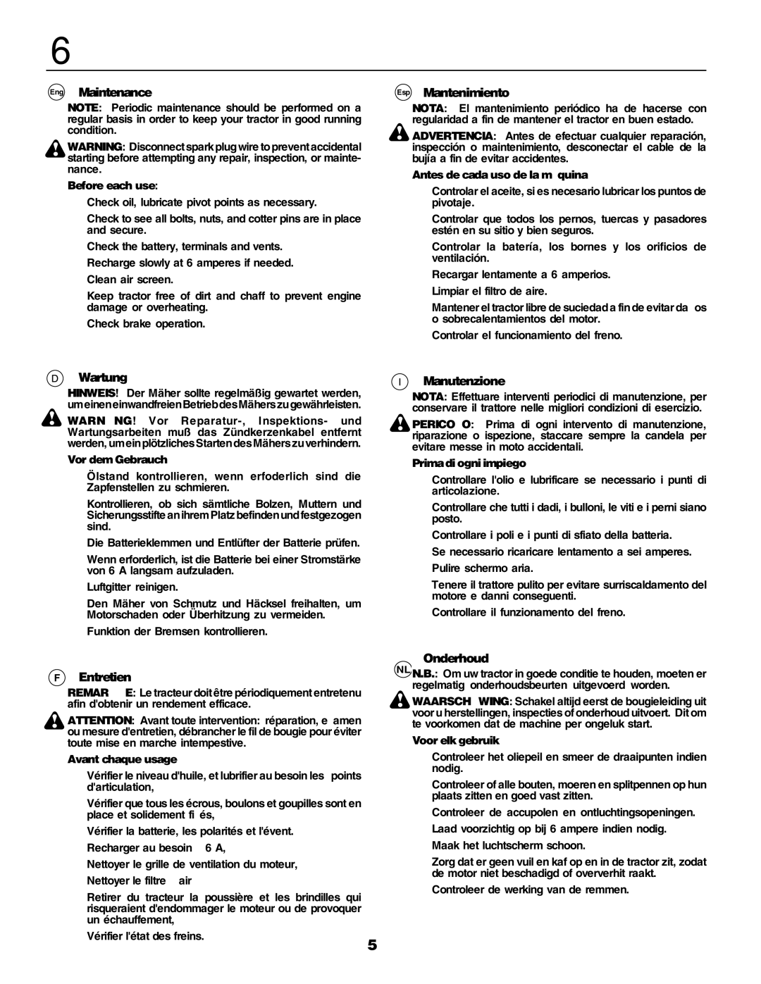 Husqvarna YTH155 instruction manual Eng Maintenance, Esp Mantenimiento, Wartung, Manutenzione, Entretien, Onderhoud 