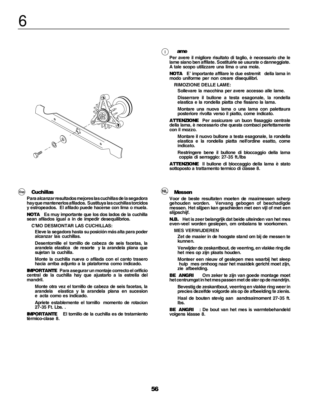 Husqvarna YTH155 instruction manual Esp Cuchillas, Lame, NL Messen 