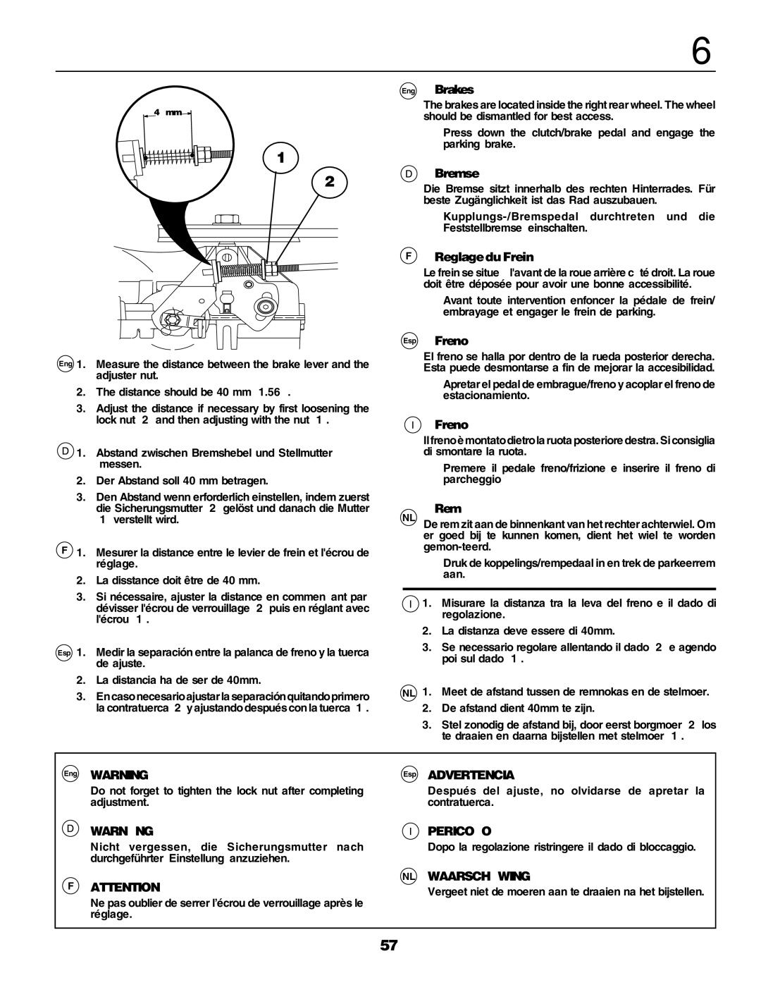 Husqvarna YTH155 instruction manual Eng Brakes, Bremse, Reglage du Frein, Esp Freno, Rem, Eng Warning Esp Advertencia 