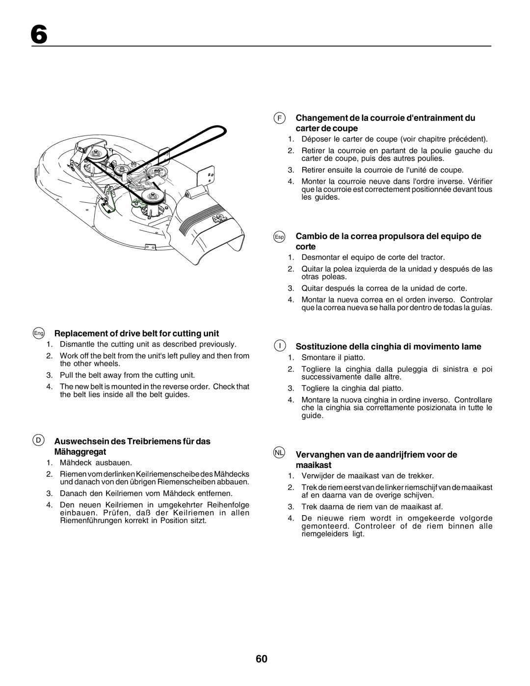 Husqvarna YTH155 Eng Replacement of drive belt for cutting unit, Auswechsein des Treibriemens für das Mähaggregat 