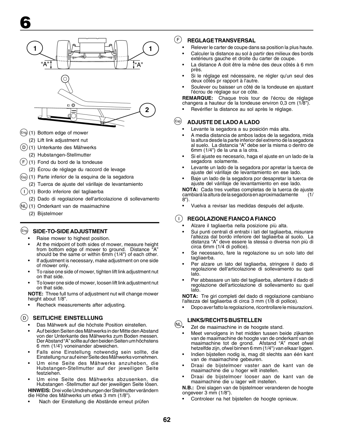 Husqvarna YTH155 Seitliche Einstellung, Reglage Transversal, Adjuste DE Lado a Lado, Regolazione Fianco a Fianco 