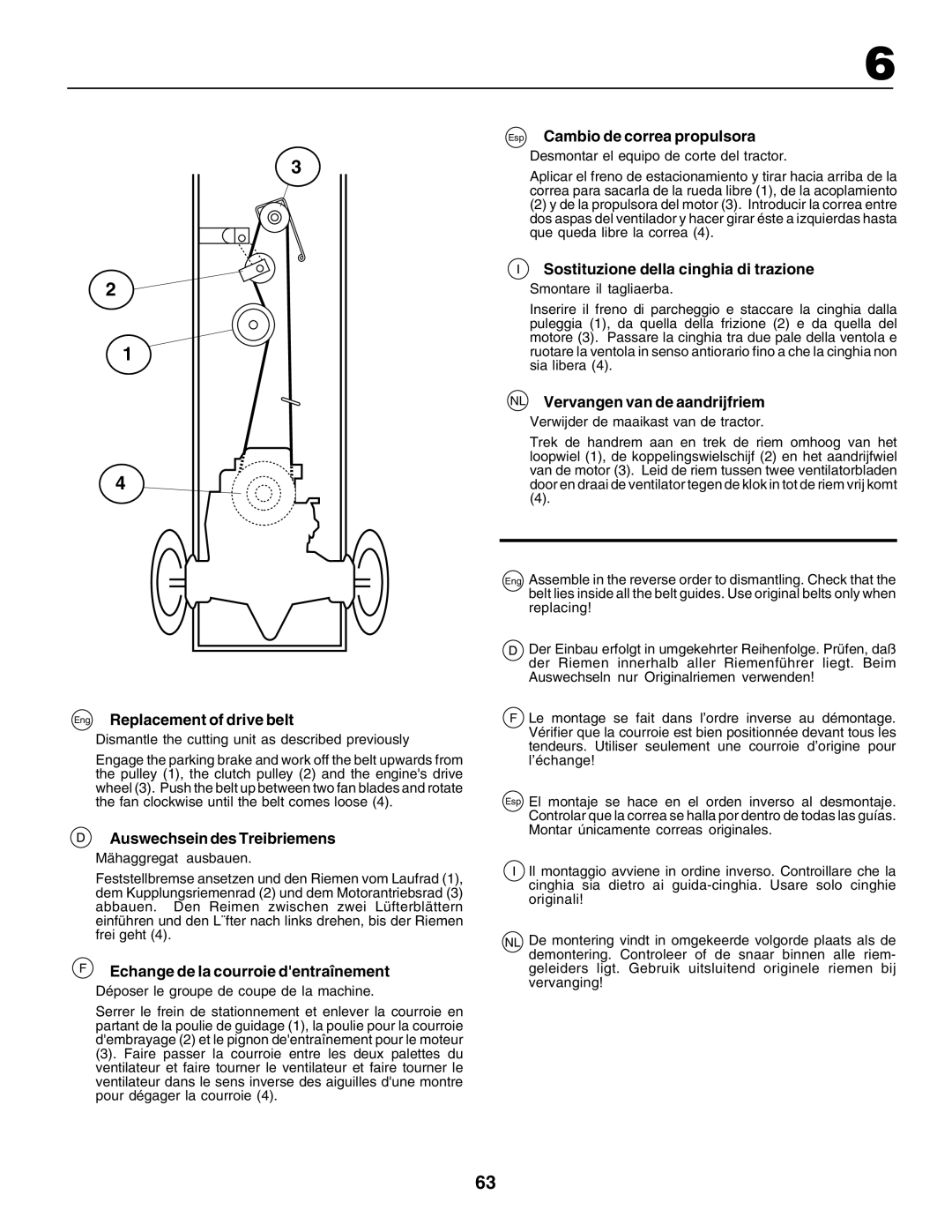 Husqvarna YTH155 Eng Replacement of drive belt, Auswechsein des Treibriemens, Echange de la courroie dentraînement 