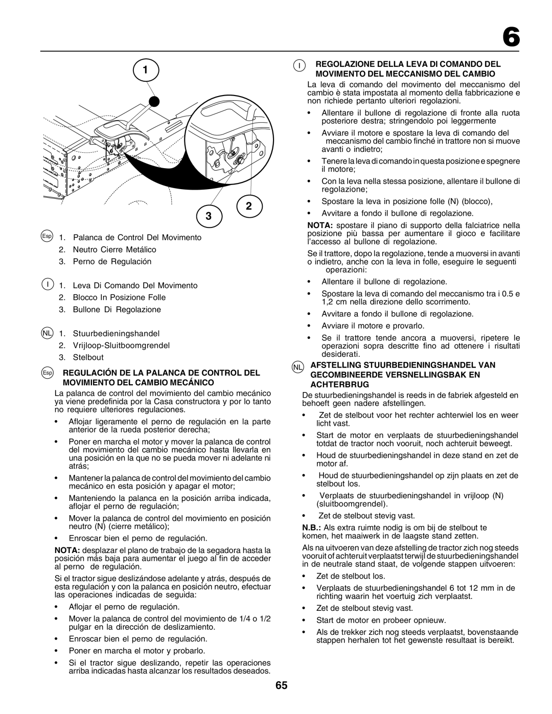 Husqvarna YTH155 instruction manual Esp Regulación DE LA Palanca DE Control DEL, Movimiento DEL Cambio Mecánico 