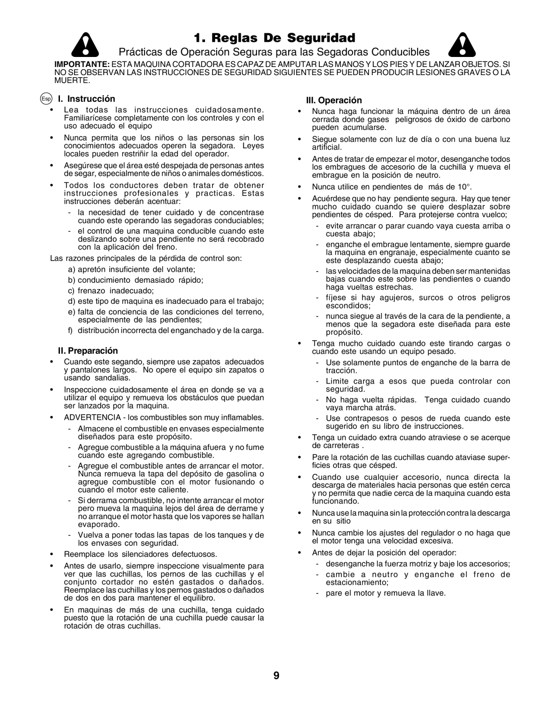 Husqvarna YTH155 instruction manual Reglas De Seguridad, Esp I. Instrucción, II. Preparación, III. Operación 