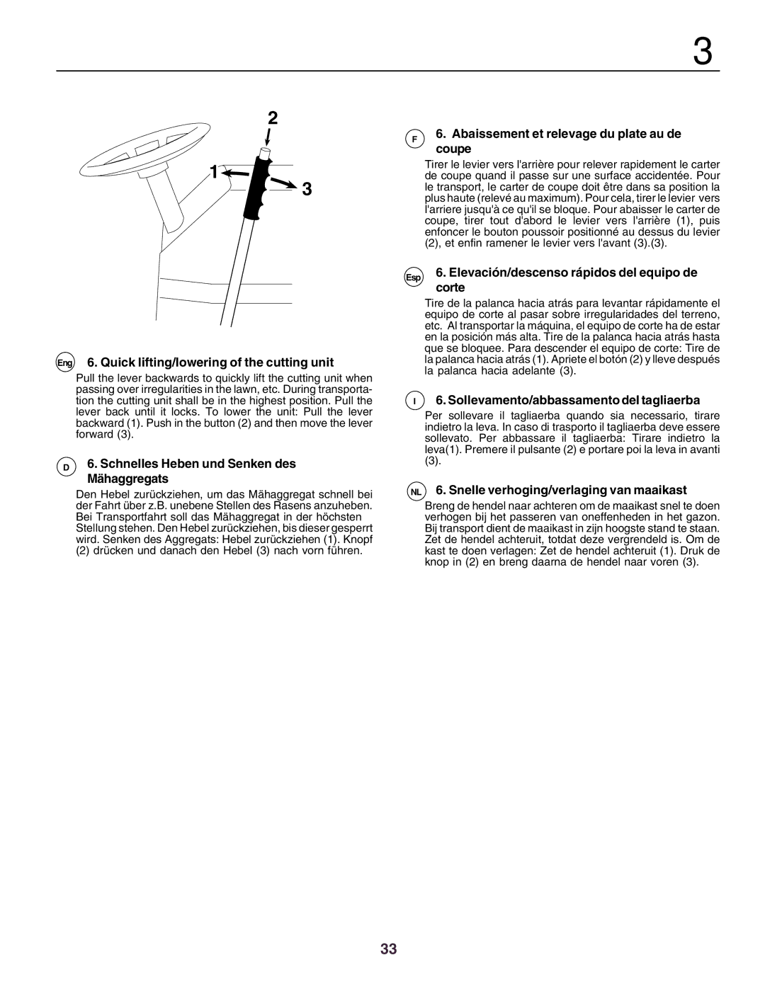 Husqvarna YTH170 Eng 6. Quick lifting/lowering of the cutting unit, Schnelles Heben und Senken des Mähaggregats, Corte 
