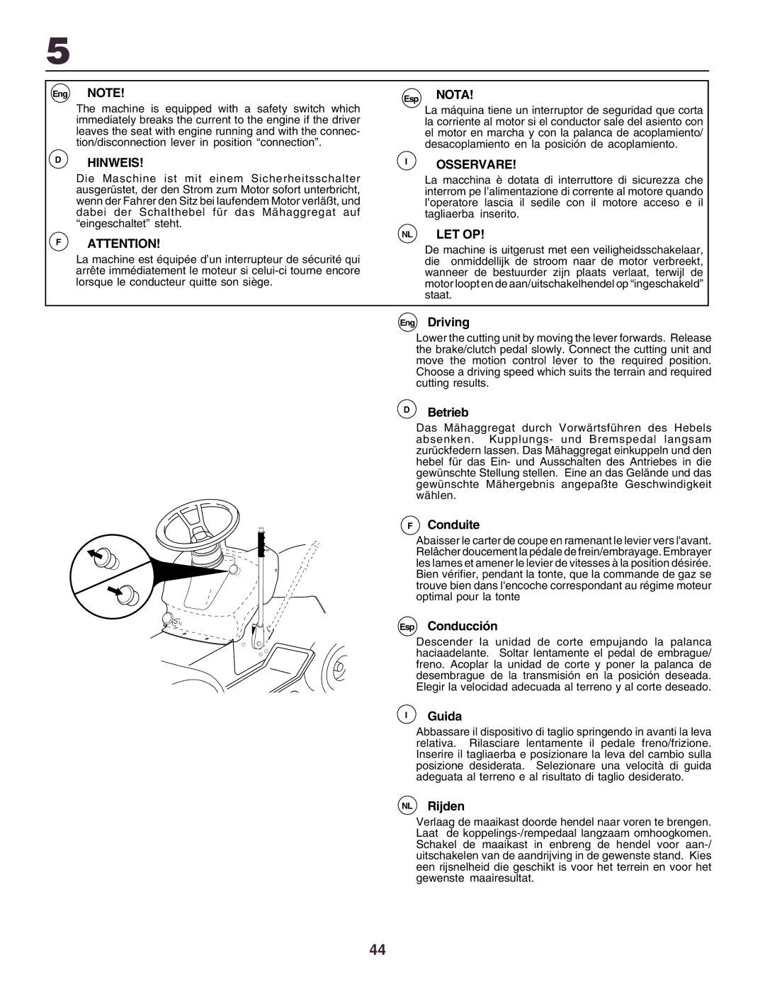 Husqvarna YTH170 instruction manual Hinweis, Osservare, Nl Let Op 