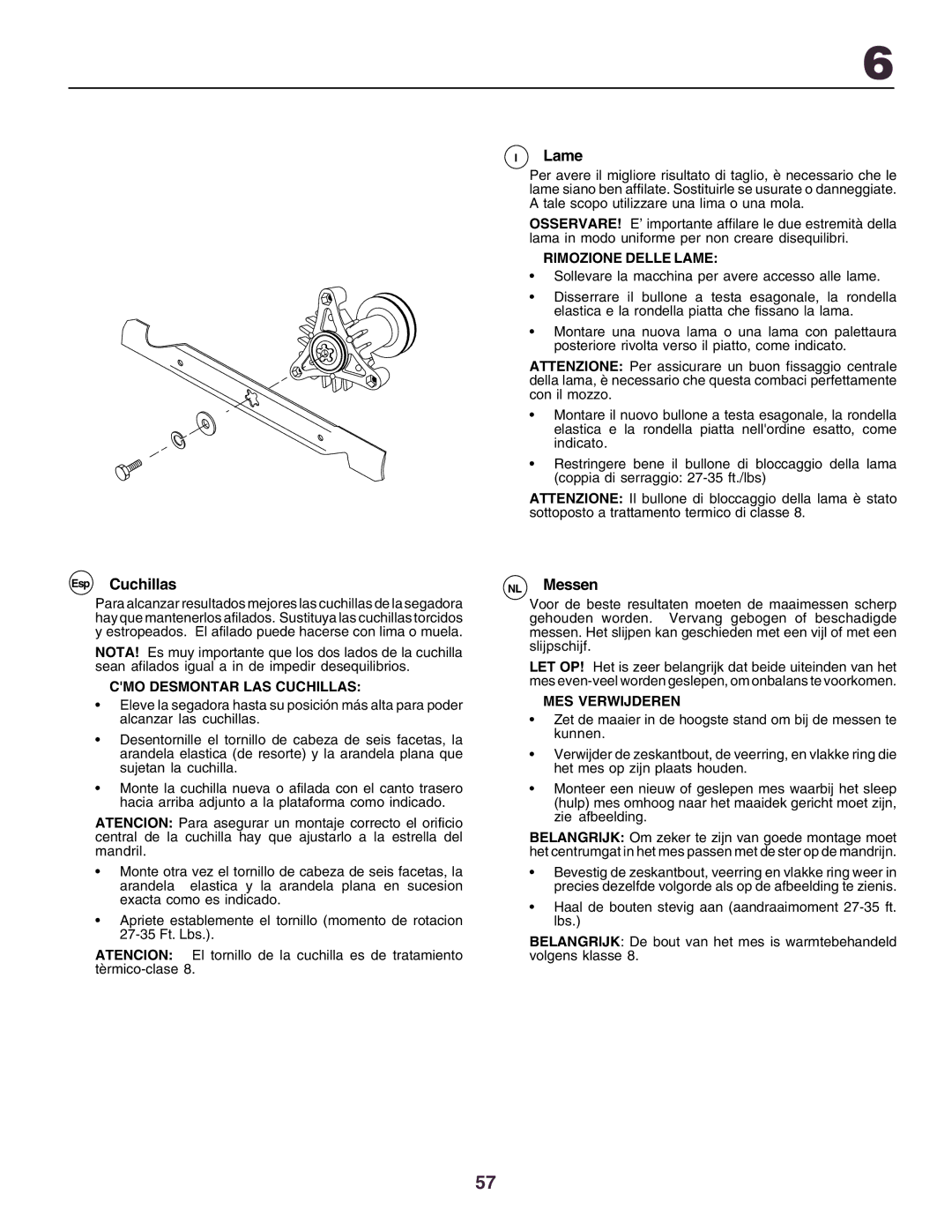 Husqvarna YTH170 instruction manual Esp Cuchillas, Lame, NL Messen 