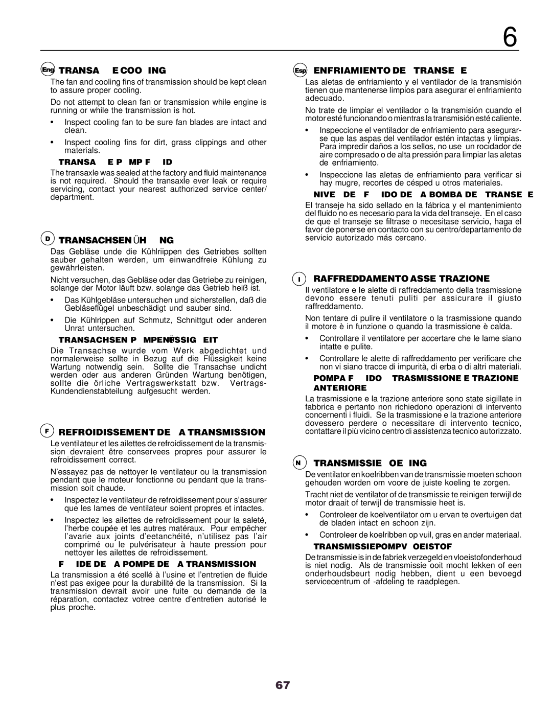 Husqvarna YTH170 instruction manual Transachsen-Kühlung, Refroidissement DE LA Transmission, Raffreddamento ASSE-TRAZIONE 