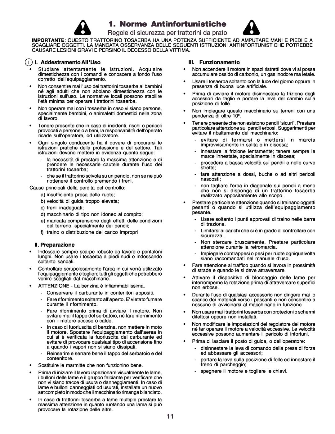 Husqvarna YTH170 Norme Antinfortunistiche, Regole di sicurezza per trattorini da prato, I I. Addestramento All Uso 