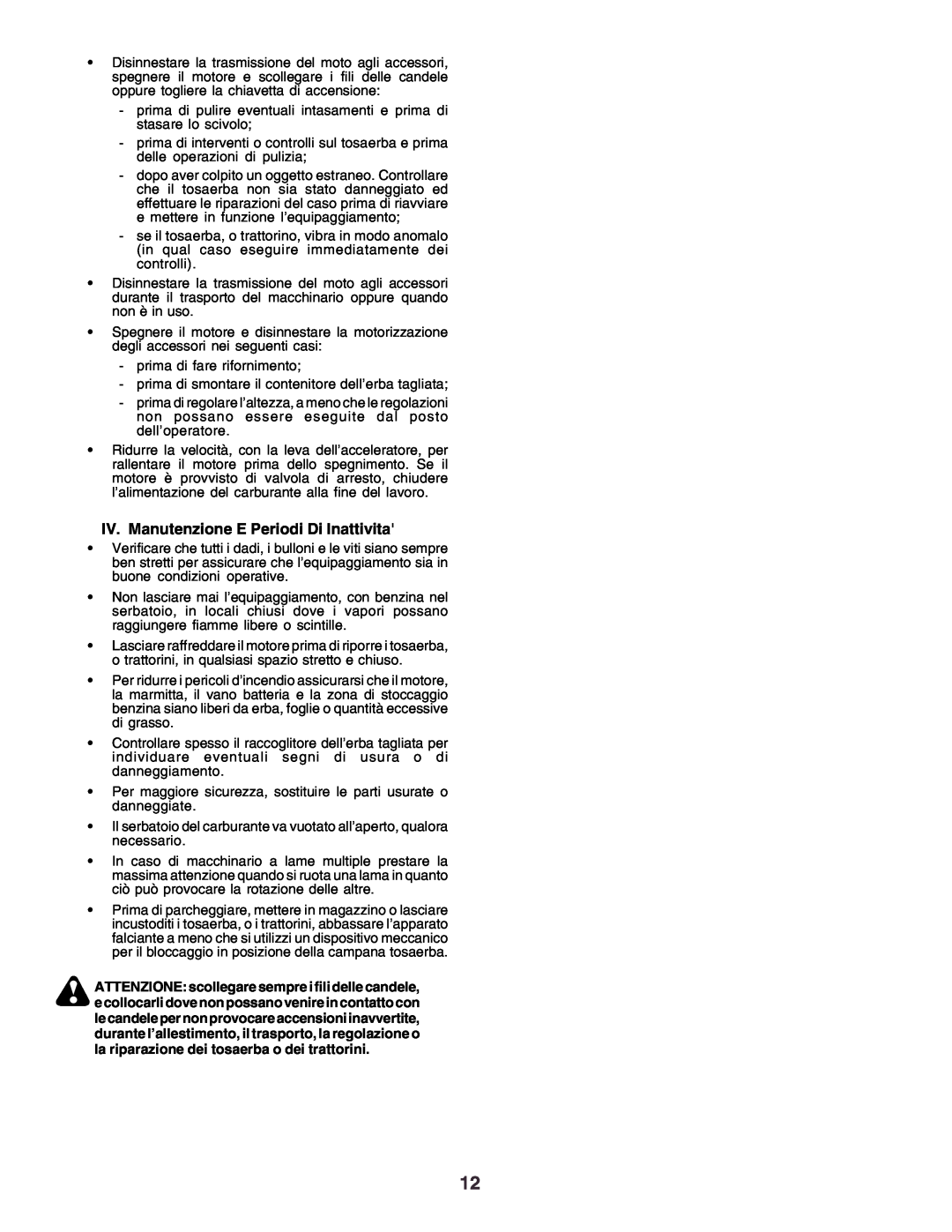 Husqvarna YTH170 instruction manual IV. Manutenzione E Periodi Di Inattivita 