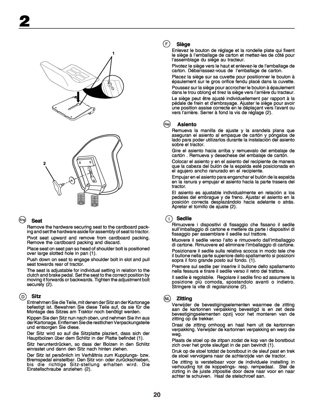Husqvarna YTH170 instruction manual DSitz, FSiège, Esp Asiento, ISedile, NL Zitting 