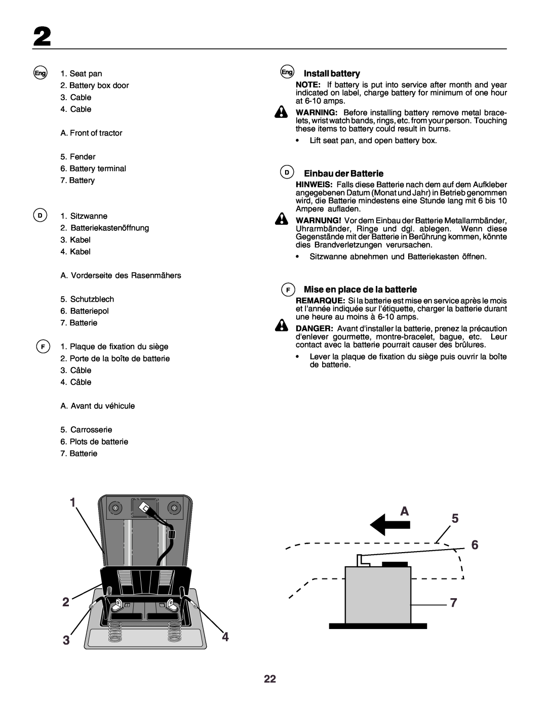 Husqvarna YTH170 instruction manual Eng Install battery, DEinbau der Batterie, FMise en place de la batterie, Seat pan 