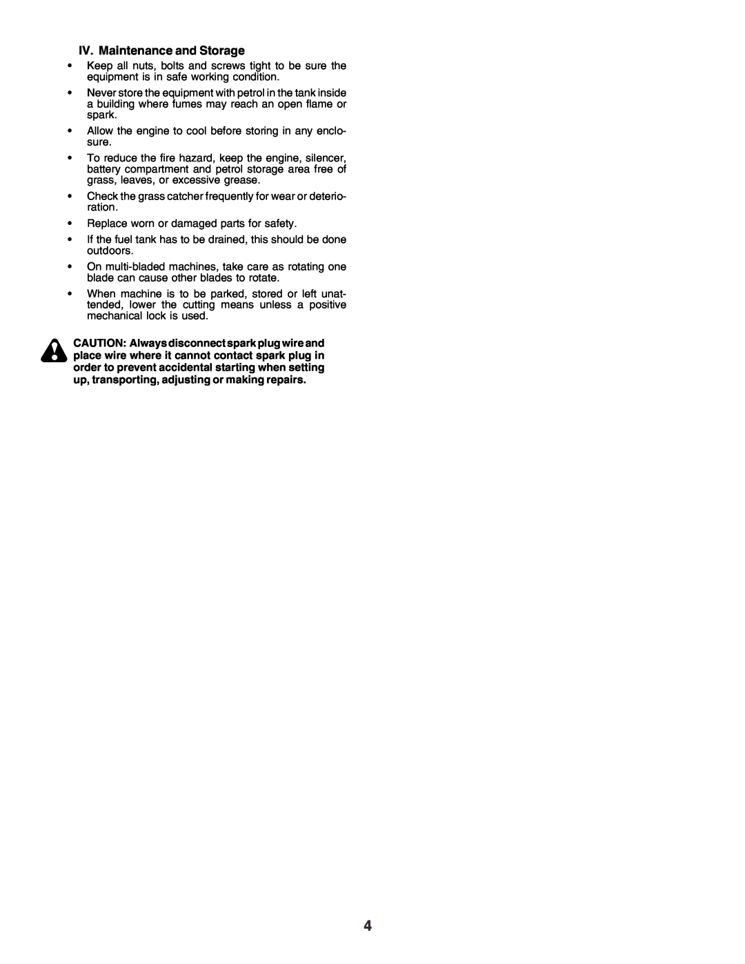 Husqvarna YTH170 instruction manual IV. Maintenance and Storage 