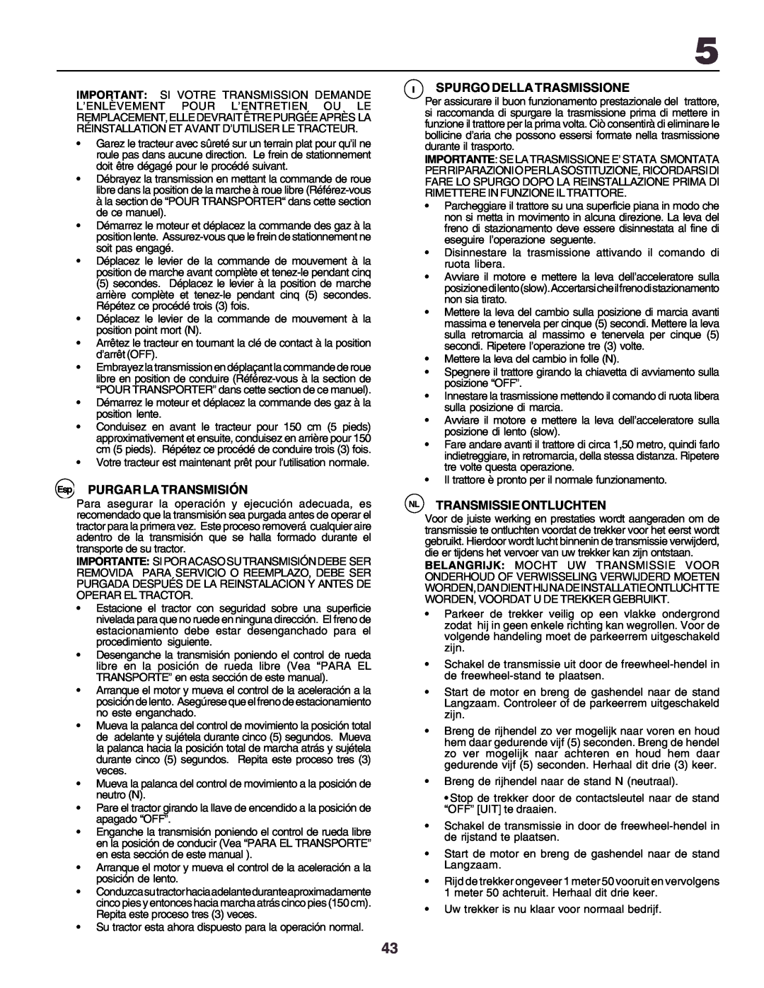 Husqvarna YTH170 instruction manual Esp PURGAR LA TRANSMISIÓN, Ispurgo Della Trasmissione, Nl Transmissie Ontluchten 