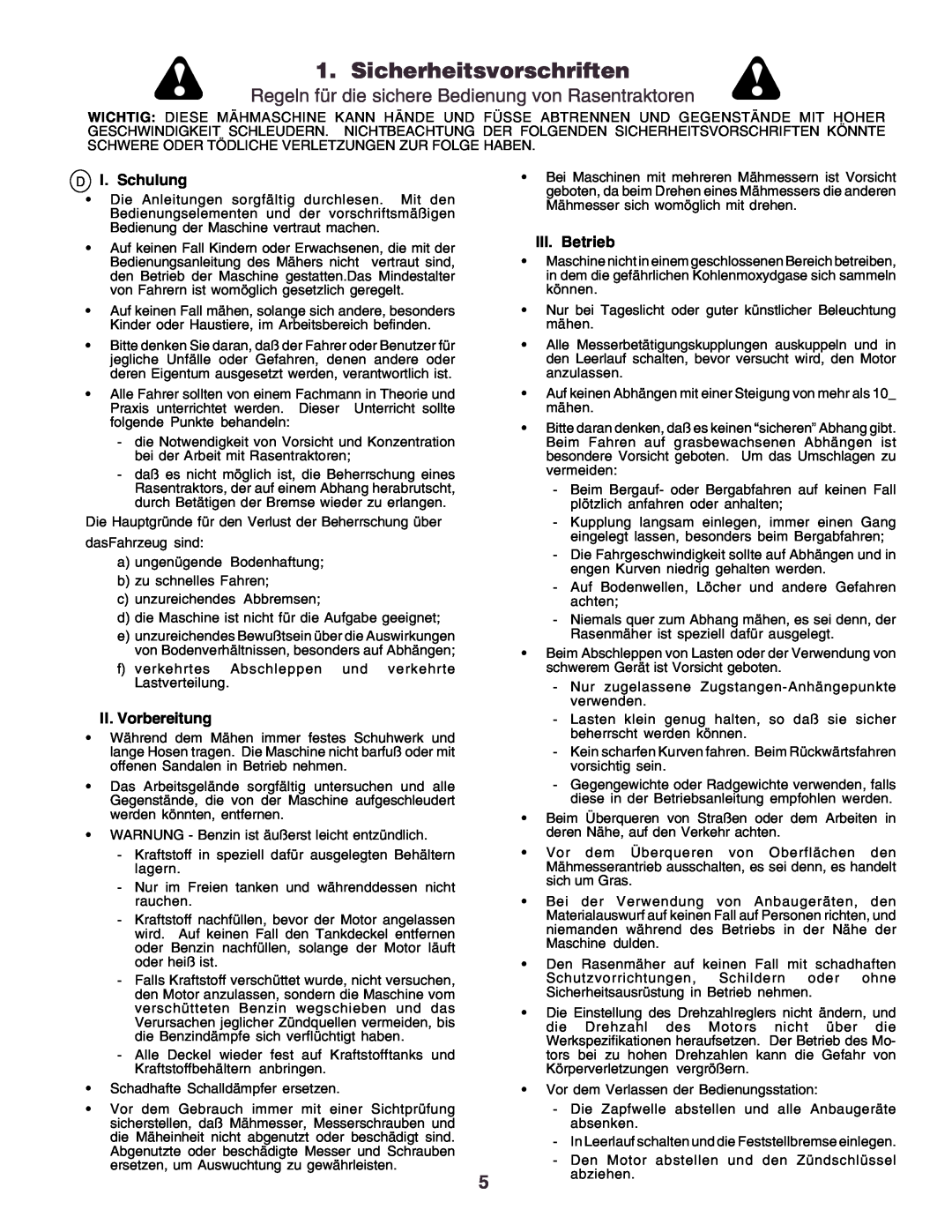 Husqvarna YTH170 instruction manual Sicherheitsvorschriften, I. Schulung, II.Vorbereitung, III.Betrieb 