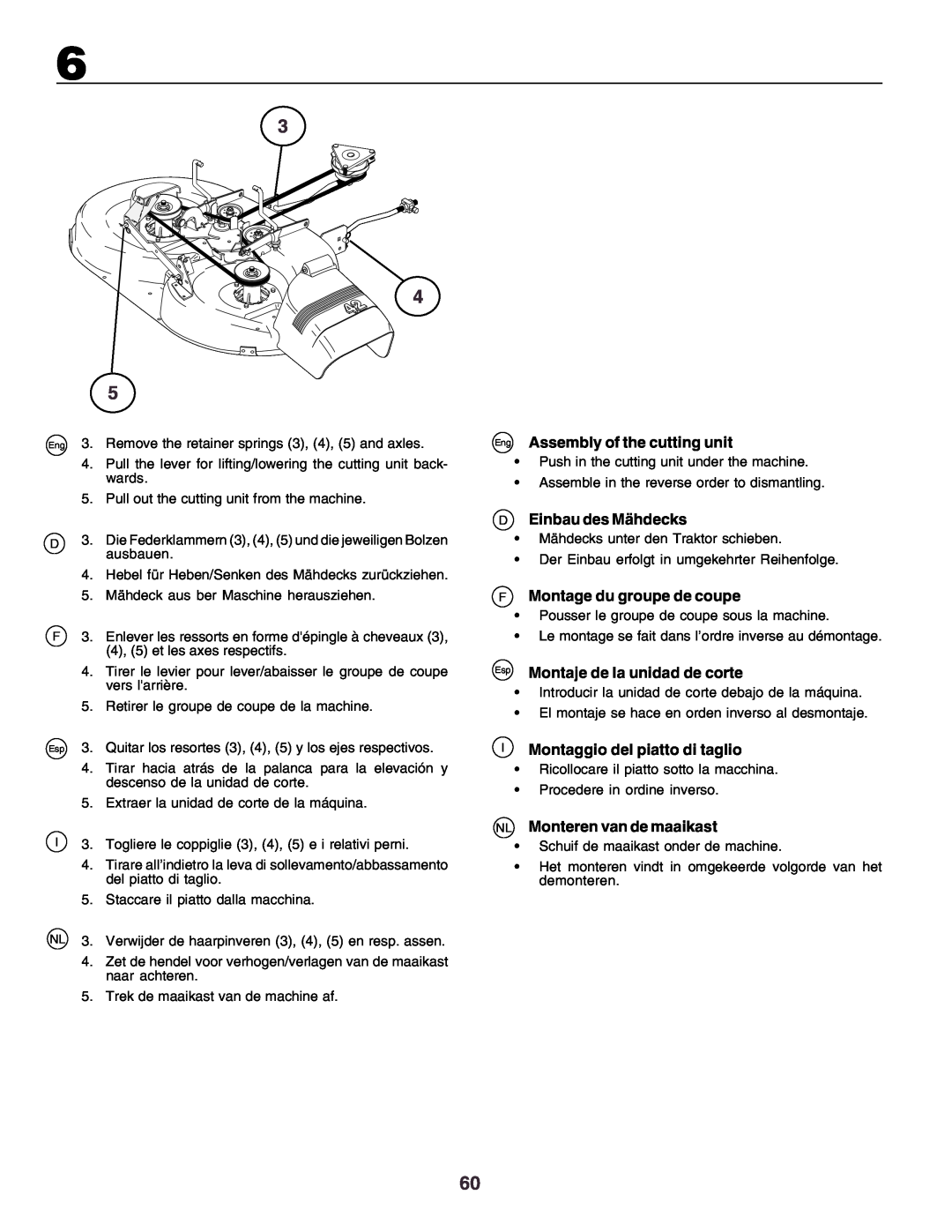 Husqvarna YTH170 instruction manual Eng Assembly of the cutting unit, DEinbau des Mähdecks, FMontage du groupe de coupe 